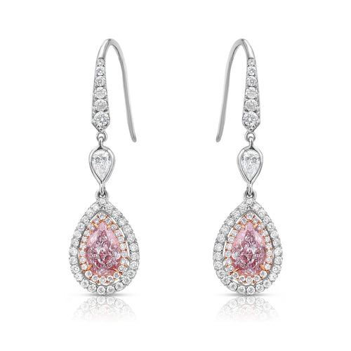 Natural pink diamond earrings, surrounded by a double halo or natural white diamonds, handmade by color diamond experts in new york