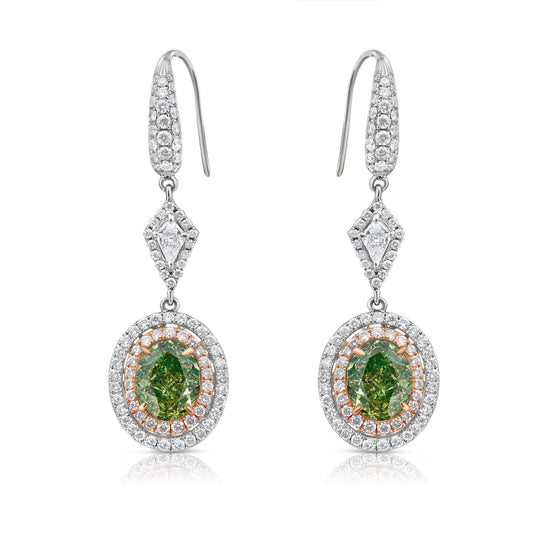 Natural green diamond earrings, in a white diamond double halo, natural jennifer lopez inspired green diamond jewelry