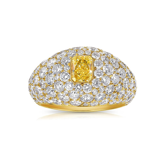 Half Carat Fancy Intense Yellow Radiant with Diamond Pave Dome Ring