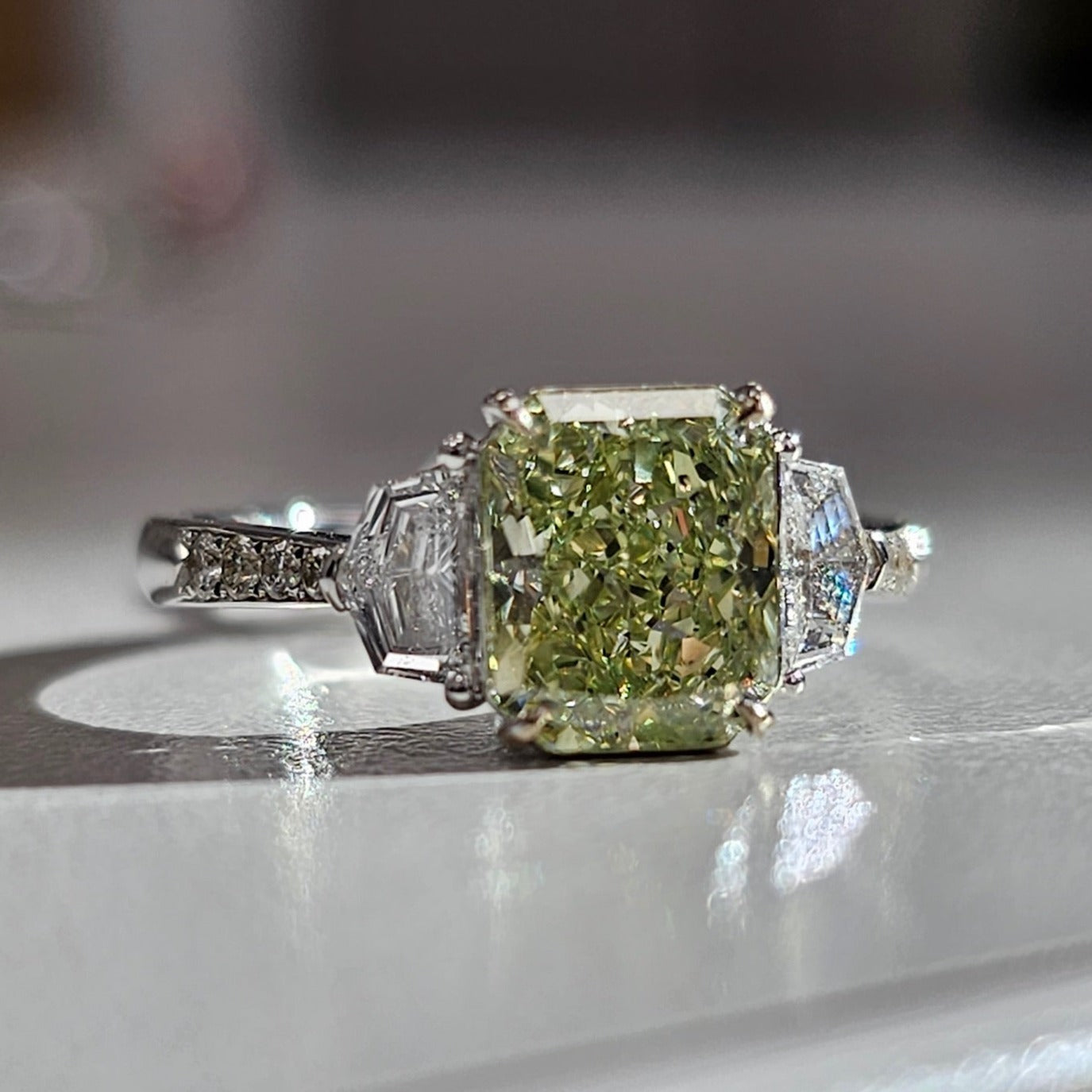 2 carat green diamond elongated radiant cut.