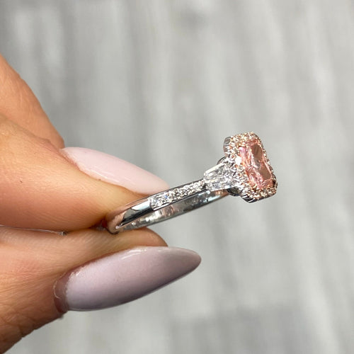 Pink Diamonds. Pink Diamond engagement rings. pink diamond ring. Light pink diamond rings. Long radiant pink diamond ring. Long Radiant. Rare colors pink diamonds. rare colors