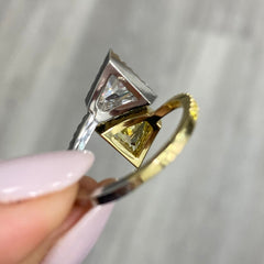 yellow diamond ring. 2 stone ring. two stone ring. unique yellow diamond ring