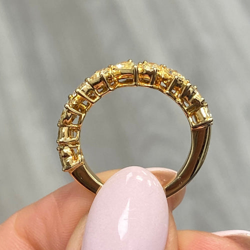 4.77 Carats Total Half Eternity Band with diamonds reaching halfway around the band Mixed Shapes: Heart, Pear, Oval, Cushion, Radiant Diamonds Crafted in 18k Yellow Gold Handmade in NYC