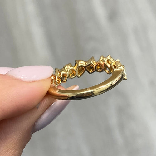 4.77 Carats Total Half Eternity Band with diamonds reaching halfway around the band Mixed Shapes: Heart, Pear, Oval, Cushion, Radiant Diamonds Crafted in 18k Yellow Gold Handmade in NYC