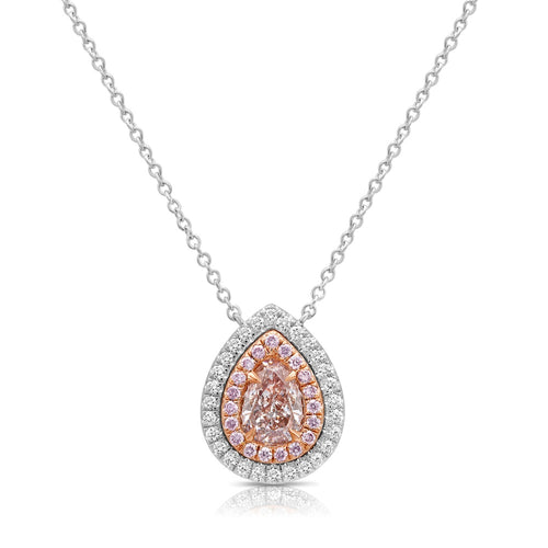 Ethereal pink pear-shaped diamond pendant with double halo featuring a GIA-certified faint pink center diamond.