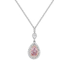 Pink diamond necklace with a pear-shaped pink diamond and double halo on a delicate chain with a VS2 clarity.