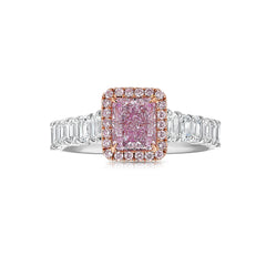 Bubblegum pink diamond, pink radiant cut diamond surrounded by emerald cut and round diamonds, halo engagement ring with natural pink diamond.