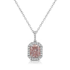 Unique Pink diamond pendant necklace with a cushion-cut halo, featuring a delicate pear-shaped center stone with SI2 clarity.