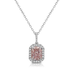 Unique Pink diamond pendant necklace with a cushion-cut halo, featuring a delicate pear-shaped center stone.