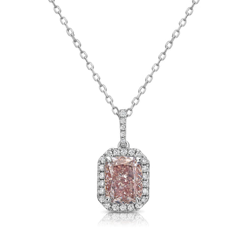 Unique Pink diamond pendant necklace with a cushion-cut halo, featuring a delicate pear-shaped center stone with SI2 clarity.