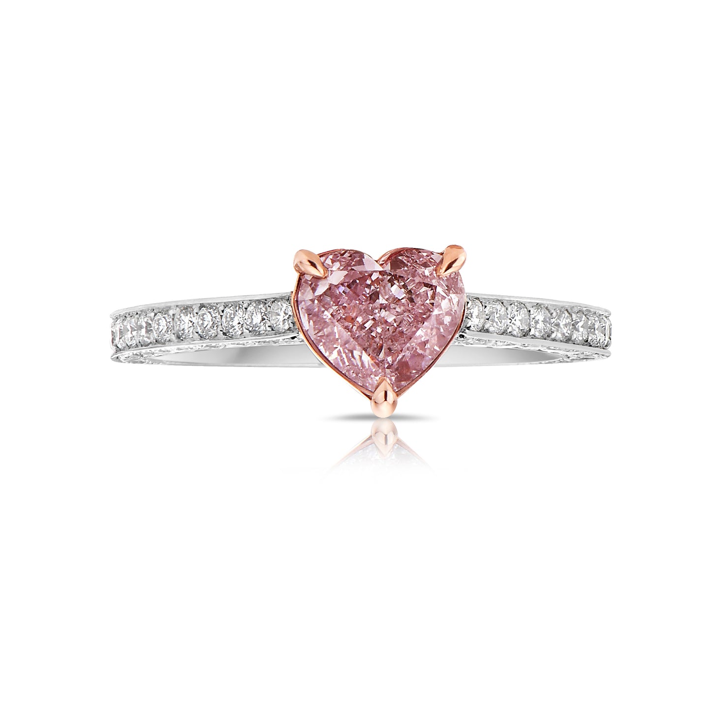 Heart Shaped Pink Diamond Ring, Three Stone Vivid Pink Diamond