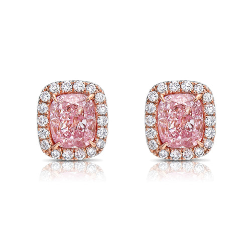 Pink diamond earrings. pink diamond studs. light pink diamonds. light pink cushions. diamond earrings.