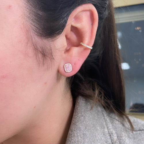 Pink diamond earrings. pink diamond studs. light pink diamonds. light pink cushions. diamond earrings.