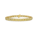 Fancy Yellow radiant cut diamond tennis bracelet with bezel-set diamonds in a sleek design.