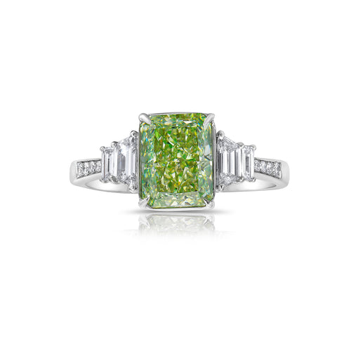 Natural Green elongated radiant diamond ring. GIA green diamond. Natural green diamond. JLO green diamond ring. Long radiant. Rectangular radiant.