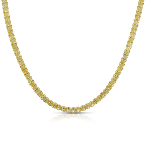 Luxurious tennis necklace featuring natural yellow cushion cut diamonds with VS-VVS clarity.