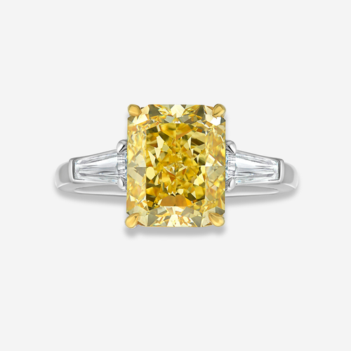 4 Carat Fancy Intense Yellow Elongated Radiant Diamond Engagement Ring