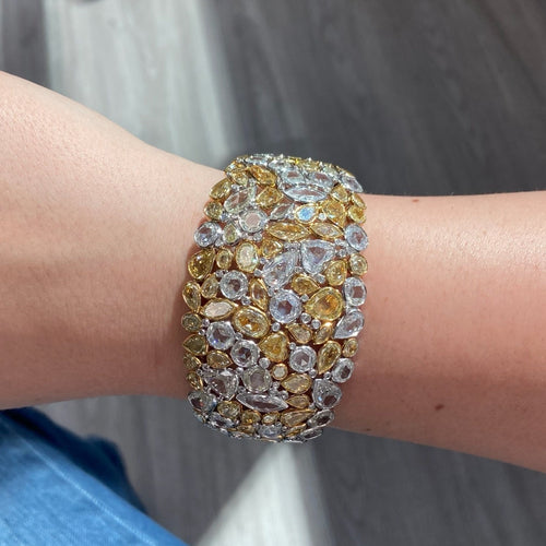 Diamond bracelet, rose cut diamond bracelet, mixed shape rose cut diamond bracelet, yellow and white diamond bracelet, rose cut diamonds, heart shape diamonds, canary yellow diamonds, natural colored diamonds