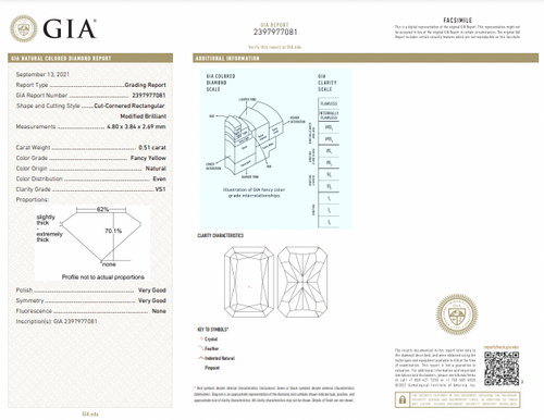 0.51 Carat Radiant Cut GIA Certified Diamond  Fancy Yellow  VS1 Clarity 