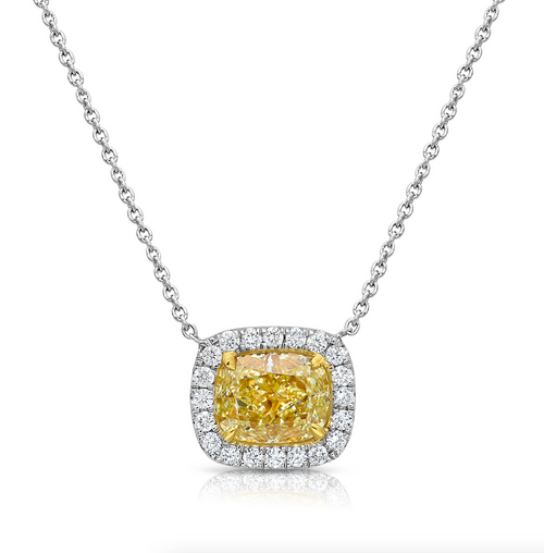 2 Carat Yellow Cushion with White Halo Diamond East West Pendant Necklace