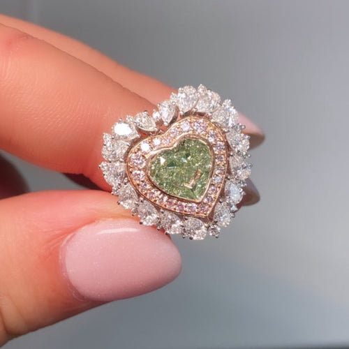 2.70 Carat Heart Shape Diamond Fancy Light Grayish Greenish Yellow diamond Very Good, Good Cutting with No Fluorescence I1 Clarity GIA Certified Diamond Set in Handmade platinum and 18 karat rose gold setting Handmade in NYC