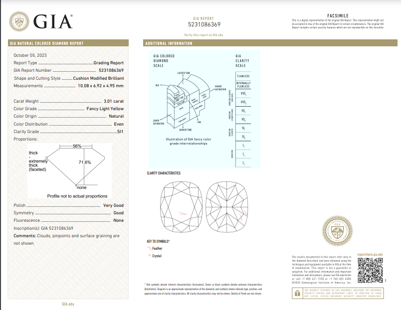 3.01 Carat Fancy Light Yellow Diamond SI1 Clarity  Elongated cushion cut, much longer than a regular 3 carat diamond Very Good + Good cutting GIA certified diamond No Fluorescence