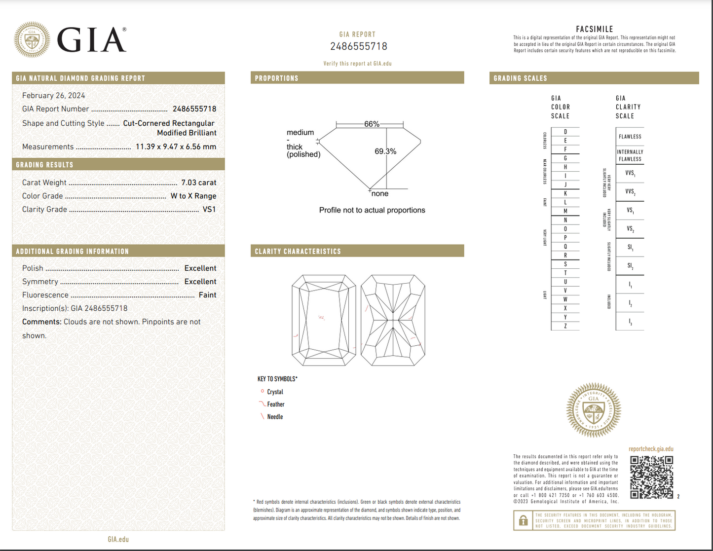 7.03 Carat Radiant Cut Light Yellow (W-X) VS1 Clarity GIA Certified Diamond Excellent and Excellent Cutting Faint Fluorescence