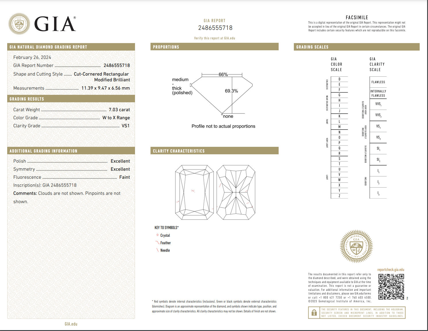 7.03 Carat Radiant Cut Light Yellow (W-X) VS1 Clarity GIA Certified Diamond Excellent and Excellent Cutting Faint Fluorescence