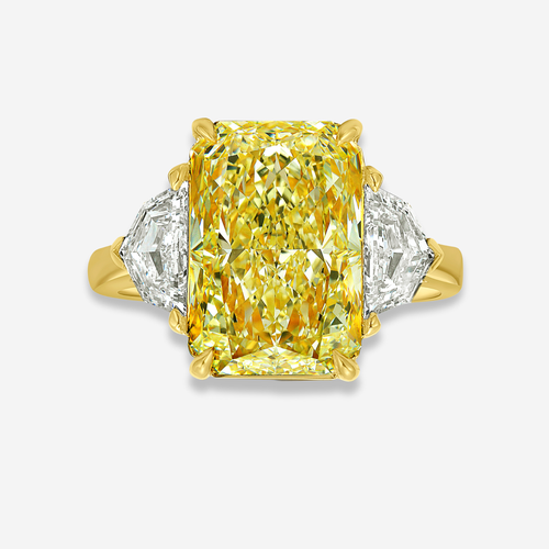 6.03ct Light Yellow Elongated Radiant Diamond Three Stone Ring