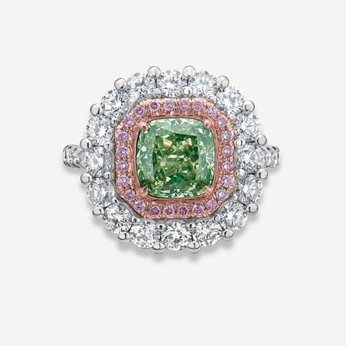 Green Cushion Diamond Halo Cocktail Ring
