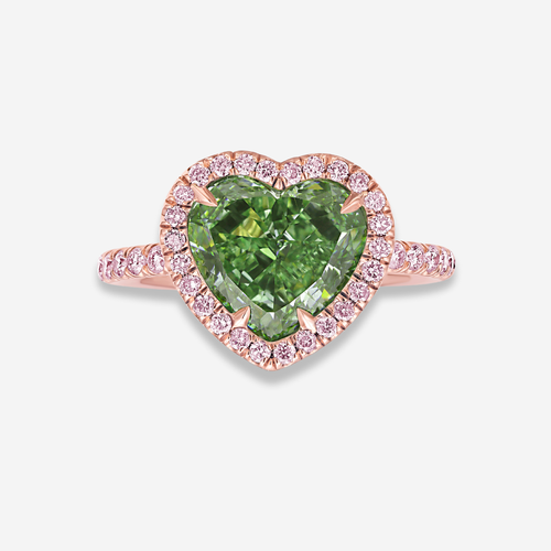3.4 Carat Pink Halo Green Heart Diamond Engagement Ring