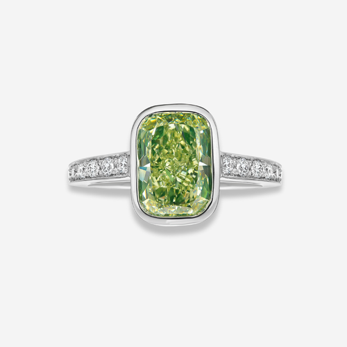 3.47ct Fancy Greenish Yellow Cushion Diamond Engagement Ring