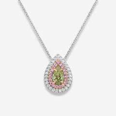 Greenish Yellow Pear Diamond Double Halo Pendant