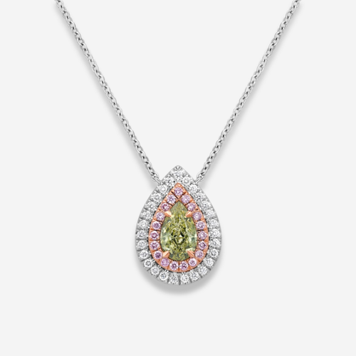 Greenish Yellow Pear Diamond Double Halo Pendant
