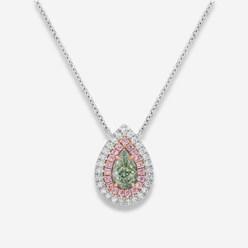 Green 'Chameleon' Pear Diamond Double Halo Pendant