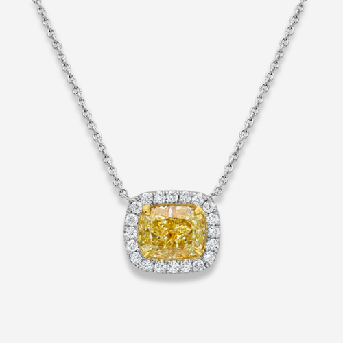 2ct Yellow Cushion Diamond East West Halo Pendant Necklace