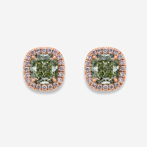 Green Cushion Diamond in Fancy Pink Halo Stud Earrings