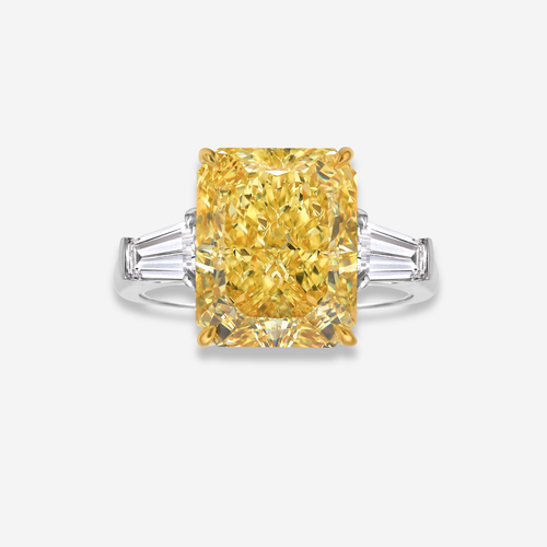 5.52ct Fancy Yellow Elongated Radiant Diamond Three Stone Ring