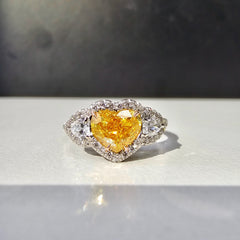 Natural vivid orangey yellow heart shape diamond ring