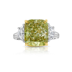 Fancy Yellow-Green cushion cut diamond engagement ring with VS2 clarity and a unique hue.