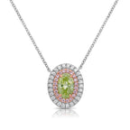 Fancy yellow-green oval diamond pendant with a double halo design and SI1 clarity.