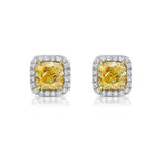 Radiant diamond studs with matching fancy yellow cushion diamonds in a classic halo design.