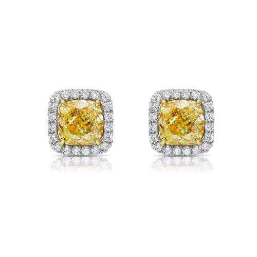 Radiant diamond studs with matching fancy yellow cushion diamonds in a classic halo design.