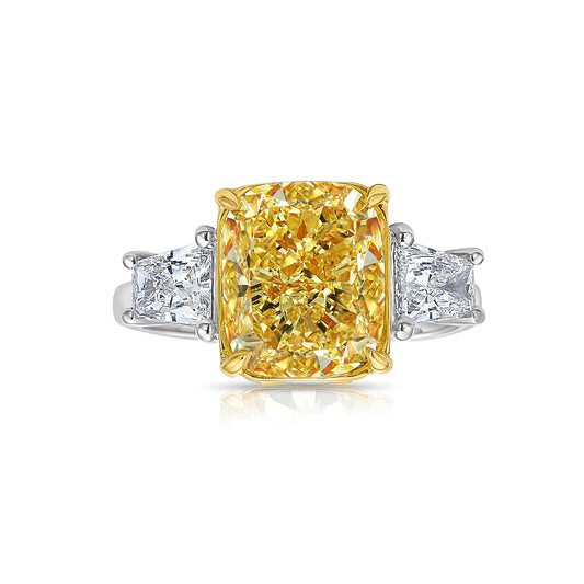 Yellow diamond three stone ring, diamond engagement ring with white trapezoid side stones