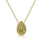 2.5 carat yellow diamond pear shape set in 18 karat yellow gold pendant with yellow diamond round  halo.