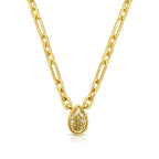 Canary diamond necklace, yellow pear shape diamond on a golden chain, bezel set yellow diamond.