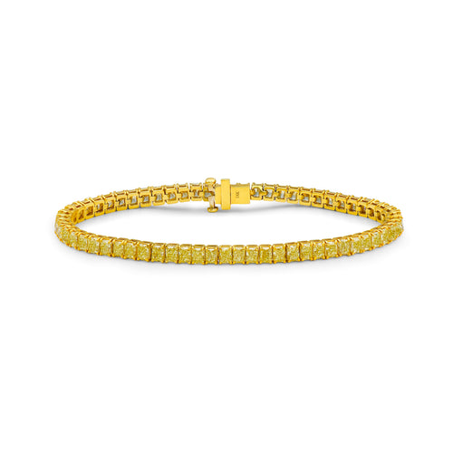 Fancy yellow diamond elongated radiant cut bracelet. Cushion diamond bracelet. radiant tennis bracelet. Yellow diamond jewelry. Yellow tennis bracelet. Natural yellow diamond jewelry.