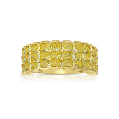 Invisible set yellow diamond ring, elongated radiant diamonds, fancy intense yellow, canary diamond ring, half eternity band set east west, rare diamond ring, gold half eternity band.