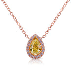 0.96 Carat Center Fancy Intense Yellow Pear Shape Diamond VVS2 Clarity 0.37 Carats Pink and White Surrounding Round Diamonds GIA Certified Diamond Crafted in 18k Rose Gold.