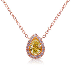 0.96 Carat Center Fancy Intense Yellow Pear Shape Diamond VVS2 Clarity 0.37 Carats Pink and White Surrounding Round Diamonds GIA Certified Diamond Crafted in 18k Rose Gold.